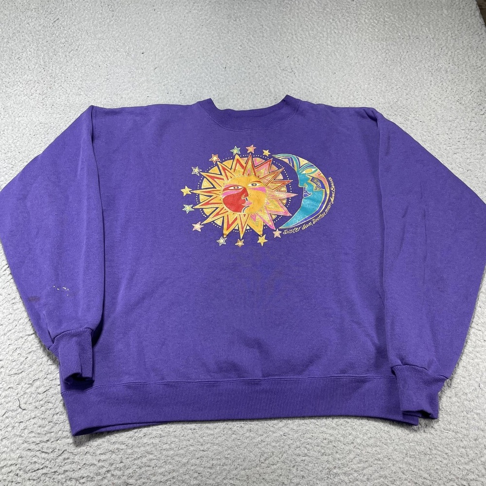Vintage Laurel Burch Sweatshirt Mens XL Purple Glitter Graphic Fleece Pullover